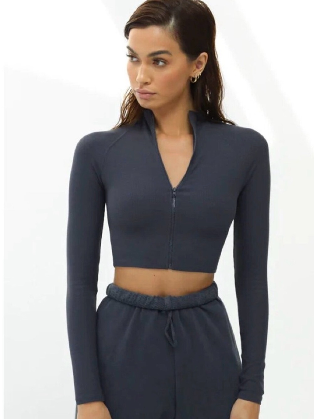 Joah Brown Cropped Zip-Front Long Sleeve Top - Vintage Navy.  XS/S